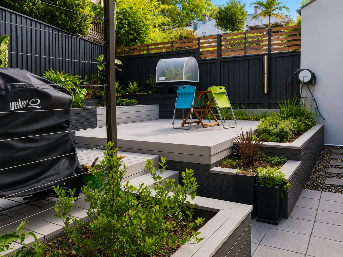 Finished landscaped decking and outdoor entertaining areas across multiple levels at Glebe