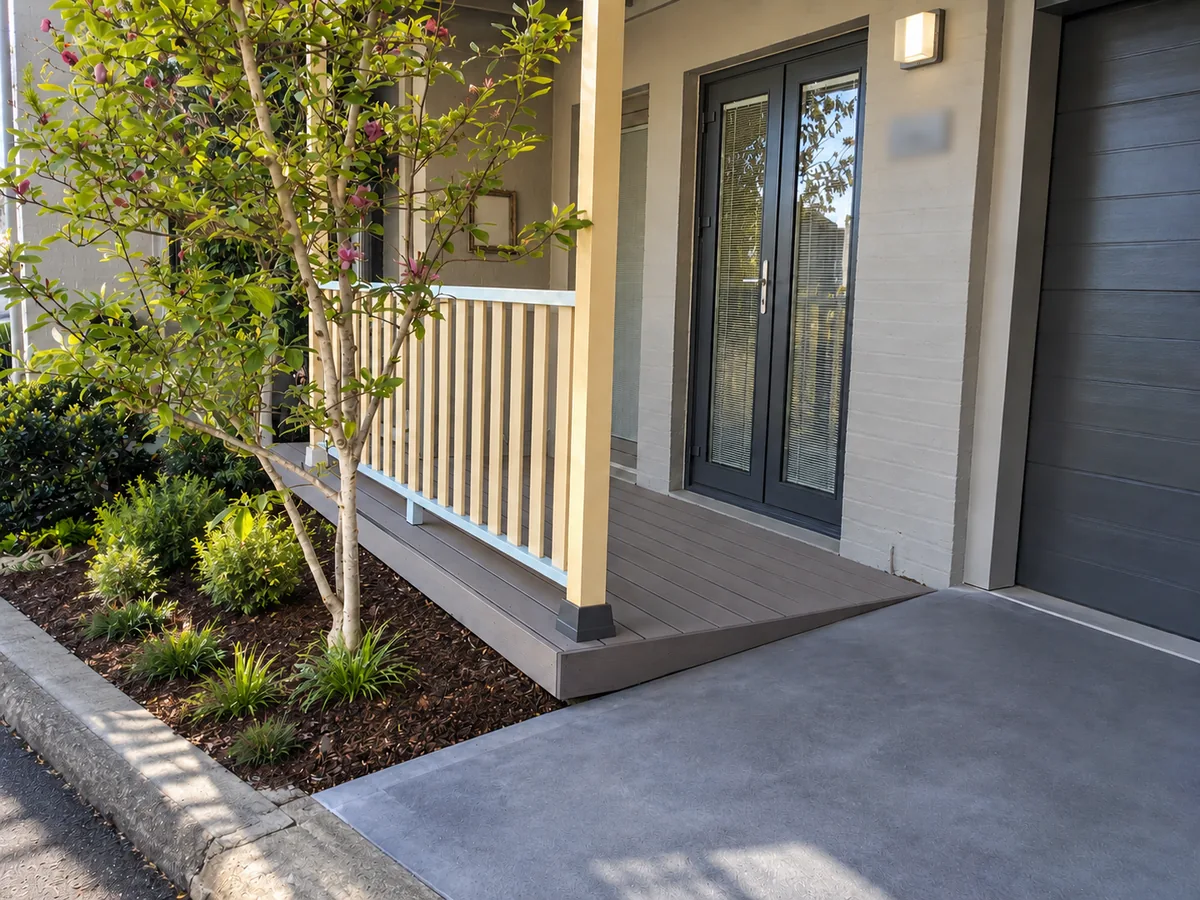 Landscaped entrance and composite decking outside the character home in Glebe