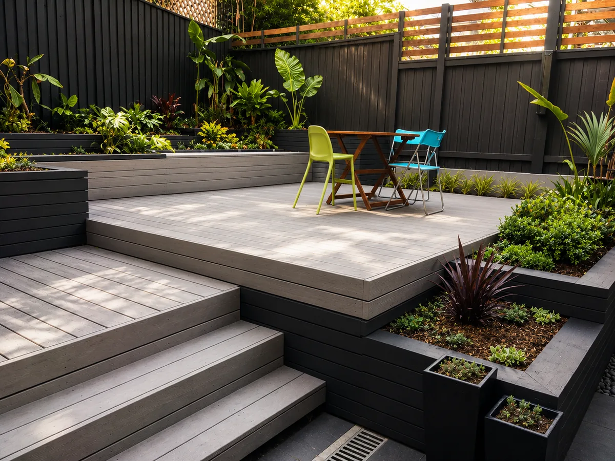Multi-level composite decking and integrated planters at the completed Glebe renovation