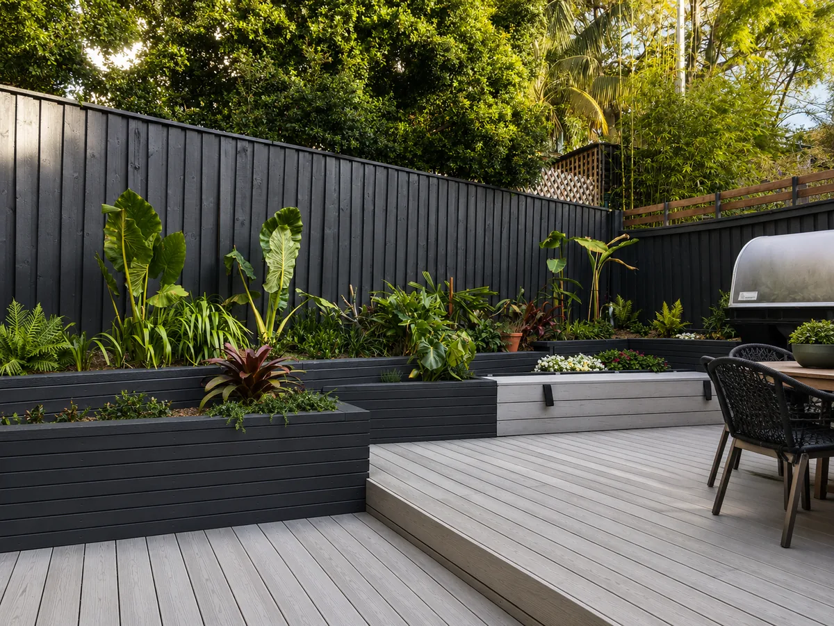 Composite outdoor decking, barbecue space and integrated planter beds at Glebe